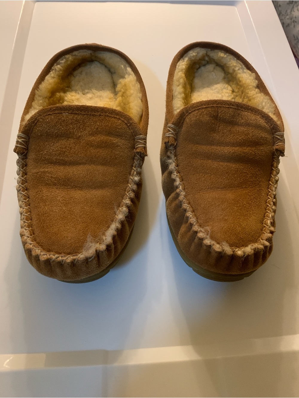 L.L. Bean Men's Suede Moccasin Slippers in Brown with Cream Lining